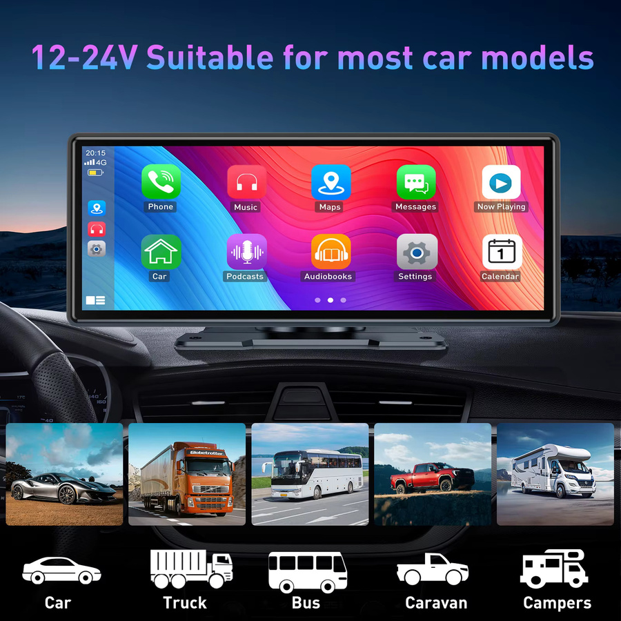 ESSGOO Tragbares 10,26 Zoll Carplay Autoradio mit Android Auto, Bluetooth, WiFi, GPS und FM für Wohnmobile und LKWs, Schwarz - Bild 5