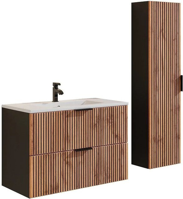 Vente-unique Badmöbel-Set Madela mit Waschbeckenunterschrank, Einbauwaschbecken und Badhochschrank in Schwarz und Naturfarben Hell mit Streifenoptik, Breite: 80 cm - Bild 1