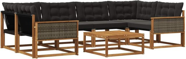 vidaXL Outdoor-Sofagarnitur in U-Form aus massivem Akazienholz und Textilene mit 7 Kissen in Natur und Schwarz - Bild 1