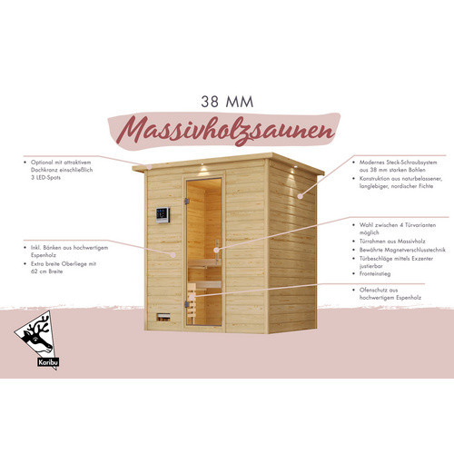 Karibu Sauna Paldiski aus Fichtenholz in Beige mit 9 kW Saunaofen und externer Steuerung für 4 Personen, B/T/H: 236 x 184 x 209 cm - Bild 2