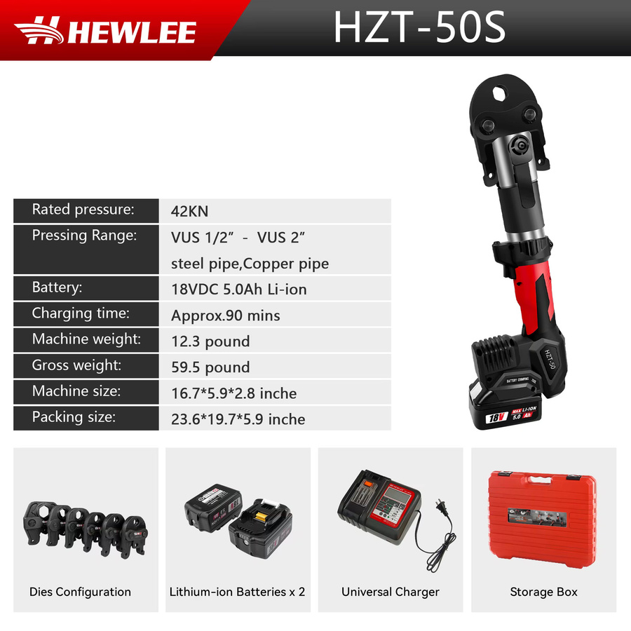 HZT-50 Wiederaufladbares Akku-Hydraulik-Rohrpresswerkzeug-Set für Sanitär-, Kupfer- und PEX-Rohre - Bild 3