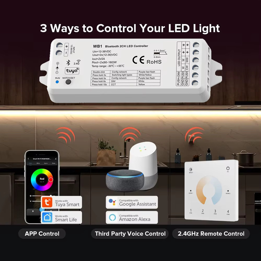 CENFAYA Bluetooth & RF 2CH LED-Controller Smart Dimmer für DC12V 24V CCT LED-Streifen mit 2.4G Fernbedienung Kompatibilität - Bild 2