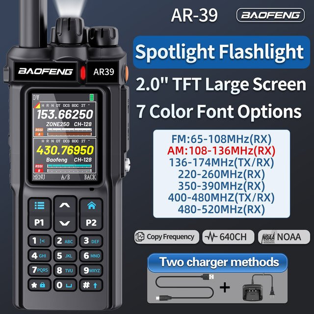 BAOFENG AR-39 Walkie-Talkie in Schwarz mit Multiband-Funktion, AM-Radio und Spotlight-Taschenlampe - Bild 1