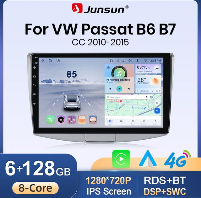 Junsun Wireless CarPlay und Android Auto Autoradio für VW Passat B6 B7 CC 2010-2015, 10 Zoll Multimedia-Navigationssystem mit GPS, Bluetooth und RDS in Schwarz - Bild 1