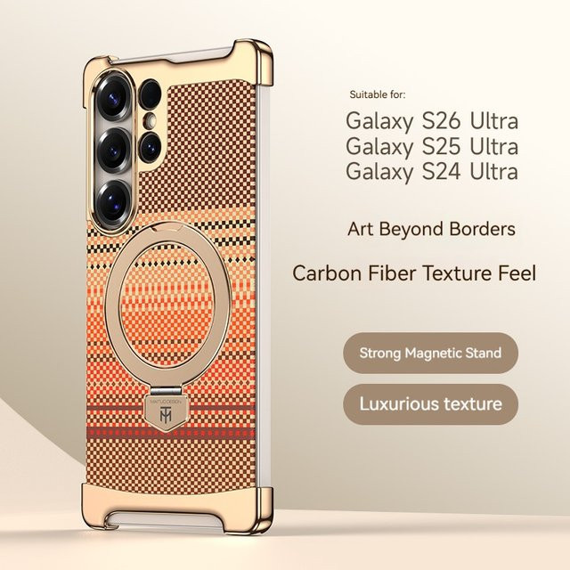Magnetische Handyhülle mit Kohlefaser-Textur und drehbarem Halter für Samsung S24 Ultra, S25 Ultra und S26 Ultra in Orange - Bild 1