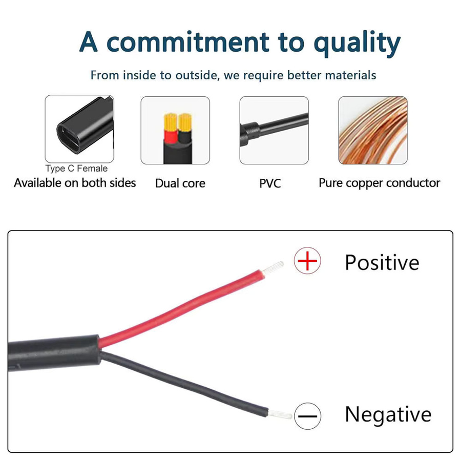 USB-C Verlängerungskabel mit 2-poligem blankem Draht, 5V 2A, Schwarz - Bild 2