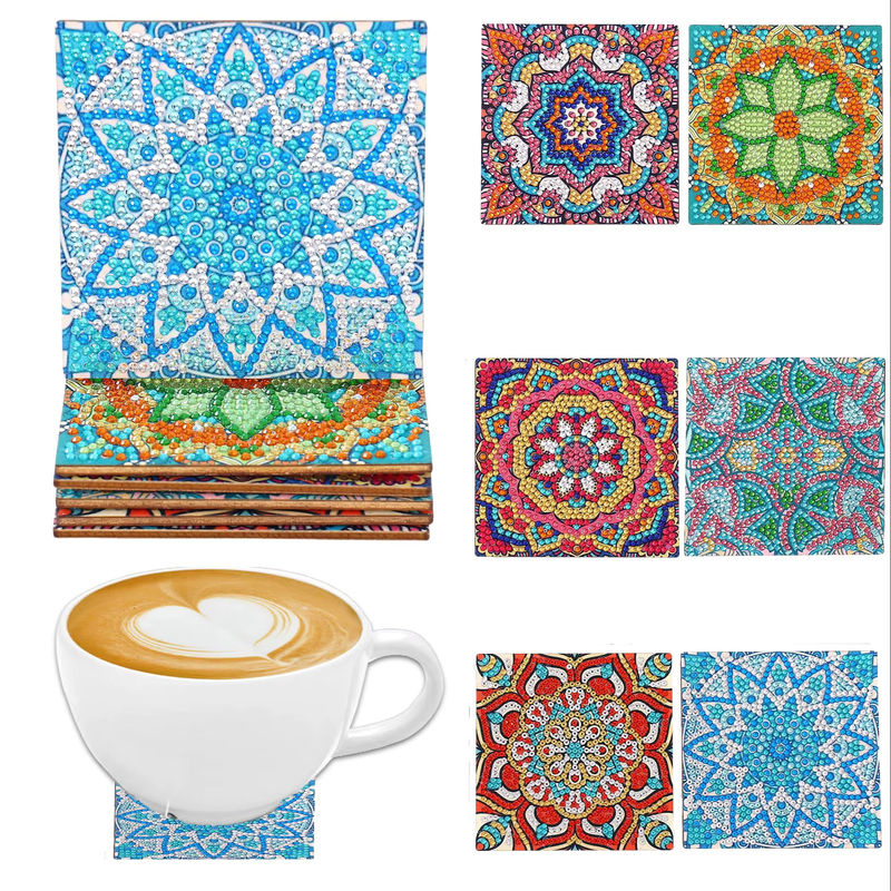 6er Set DIY Diamant-Malerei Kunstset mit Mandala-Blumenmuster und Untersetzern in Multicolor - Bild 7