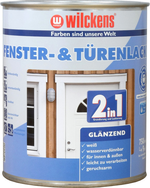 WILCKENS 2in1 Fenster- und Türenlack für Holz, wetterfest, glänzend, Weiß, 0,75 l - Bild 1