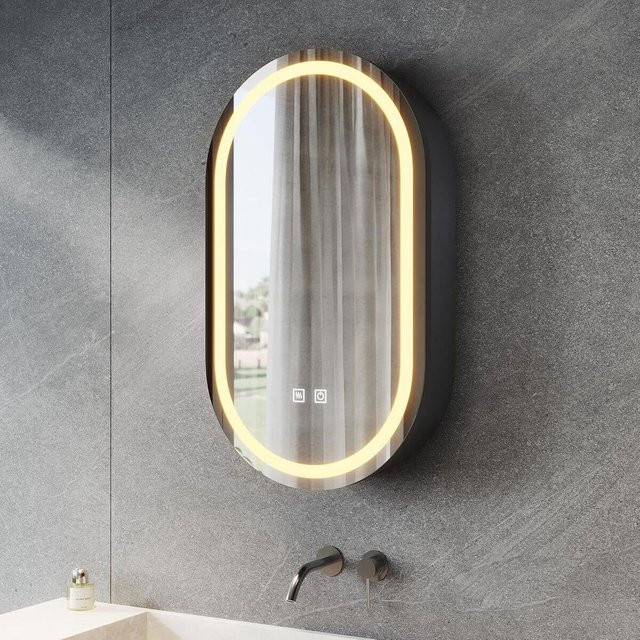 SONNI Ovaler Spiegelschrank für das Badezimmer mit LED-Beleuchtung und Steckdose, Dimmbar mit 3 Lichtfarben, Touch-Schalter und Anti-Beschlag-Funktion, Mattschwarz, B: 40 cm, H: 70 cm - Bild 1