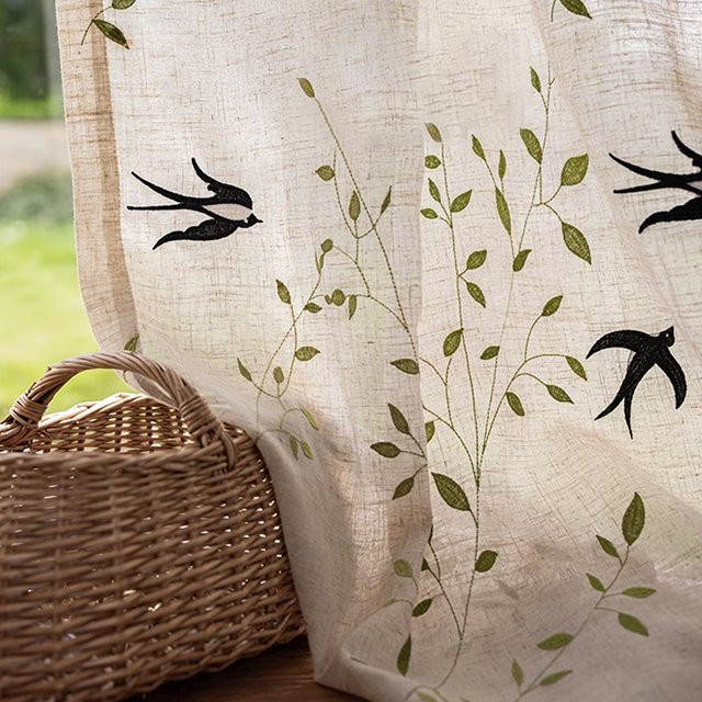 CENTURyMiG Bestickter Leinen-Halbschirm in Beige, minimalistischer transparenter Vorhang mit floralem Design für Wohnzimmer und Schlafzimmer, Breite: 100 cm, Höhe: 200 cm - Bild 1