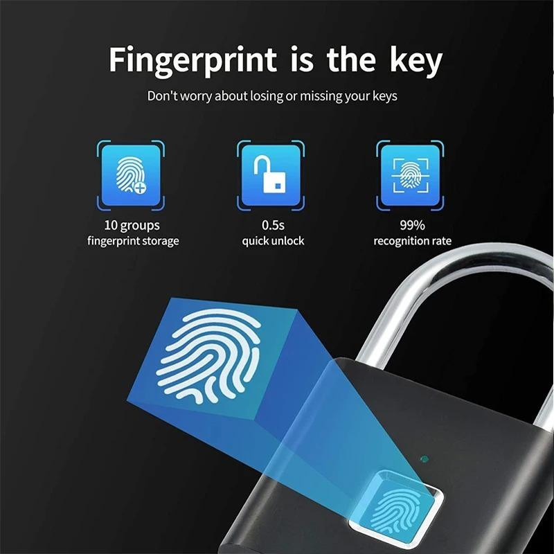 Schlüsselloses Smart-Fingerabdruck-Vorhängeschloss in Schwarz mit USB-Aufladung und wasserdichter Funktion für schnelles Entsperren in 0,2 Sekunden - Bild 6