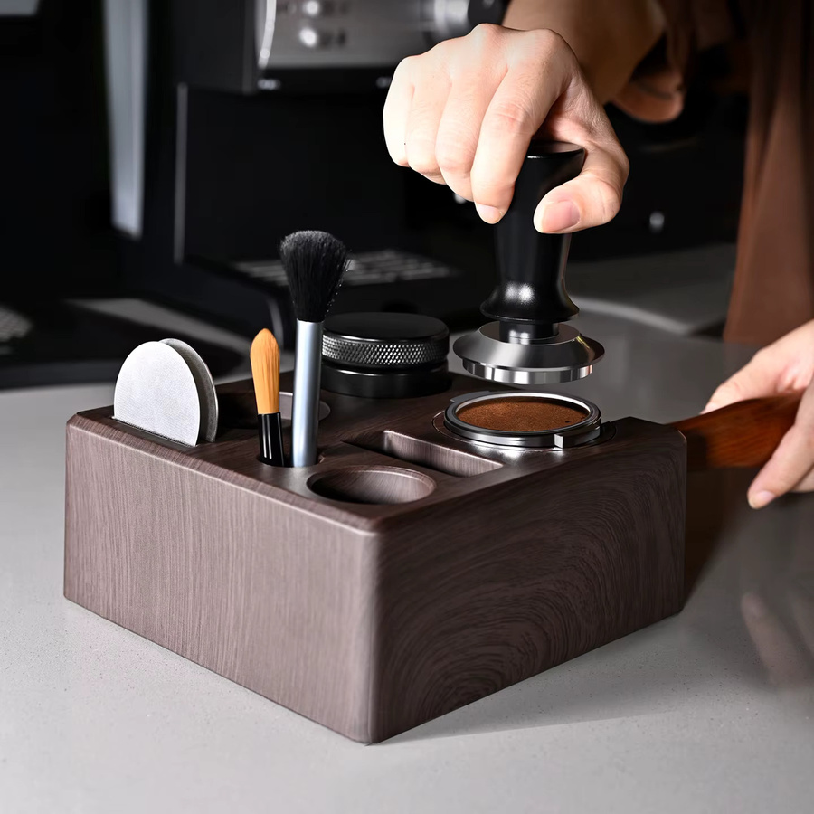 Kaffee Tamper Station Siebträger Halter aus Holz für Delonghi und Breville Espresso Zubehör, Universal für 51mm, 54mm und 58mm, Schwarz und Braun - Bild 2
