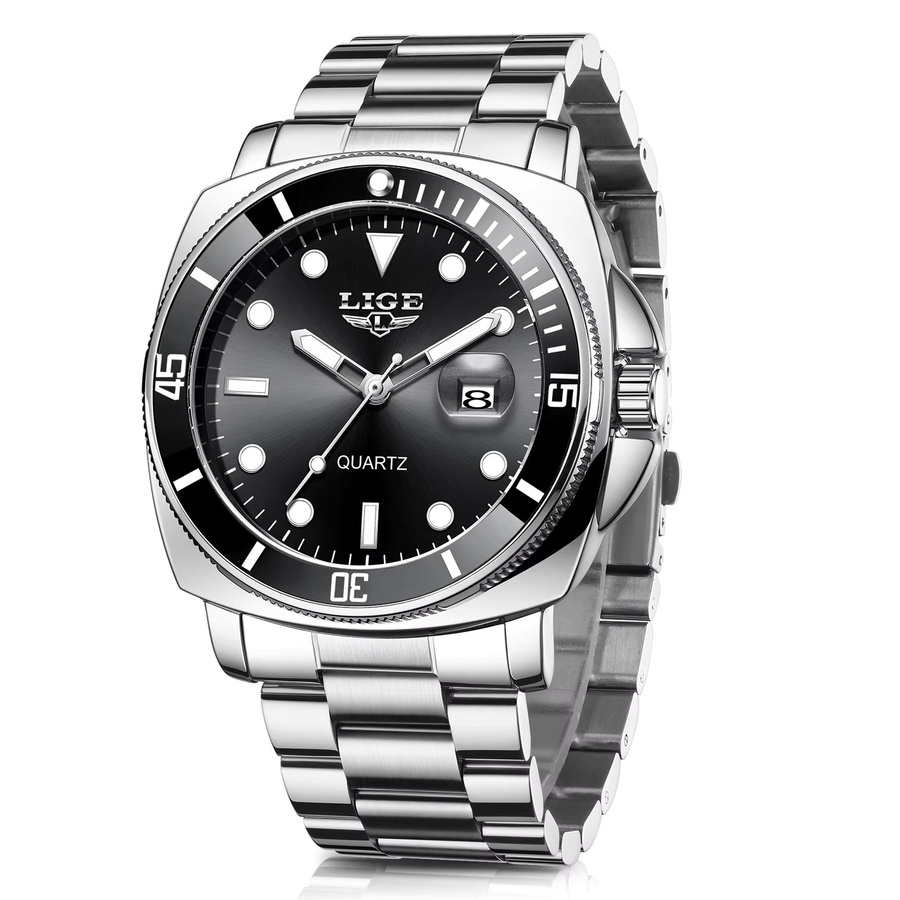 LIGE Armbanduhr Edelstahl, Quarz, Datum, Herren, Schwarz, Silber - Bild 7