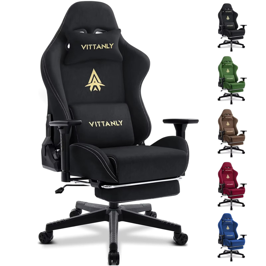 Vittanly Gaming-Stuhl aus Wildlederimitat in Schwarz-Grau mit Fußstütze, Kopfstütze, Lendenkissen und 3D-Armlehnen - Bild 3