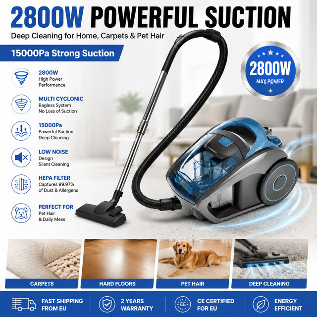 Avehrit Multi-Zyklon-Staubsauger ohne Beutel in Blau mit 2800W Leistung und 15000Pa Saugkraft für Tierhaare und Hartböden - Bild 1