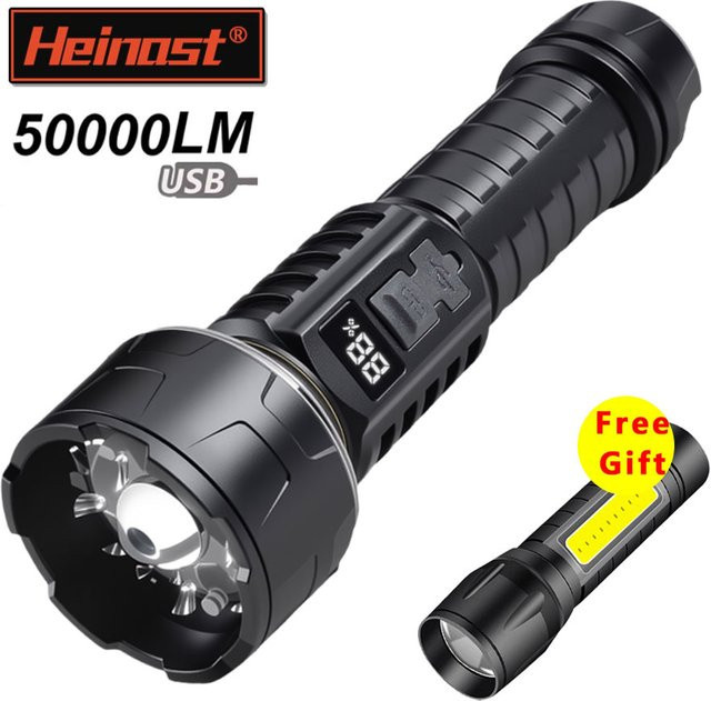 Heinast Taktische LED Taschenlampe in Schwarz mit USB-Ladefunktion für Outdoor, Camping und Angeln - Bild 1
