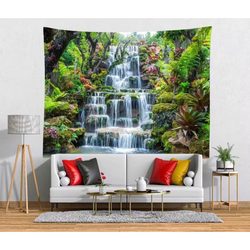 VIKAMA Panorama-Wasserfall Regenwald Tapisserie in Grün mit 3D Wasserfluss und Pflanzen als Wandbild für dein Wohnzimmer - Bild 2