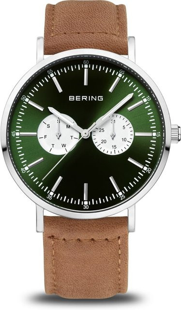 Bering Chronograph, Herrenuhr, Quarz, Edelstahl, Leder, Grün, 40 mm - Bild 1