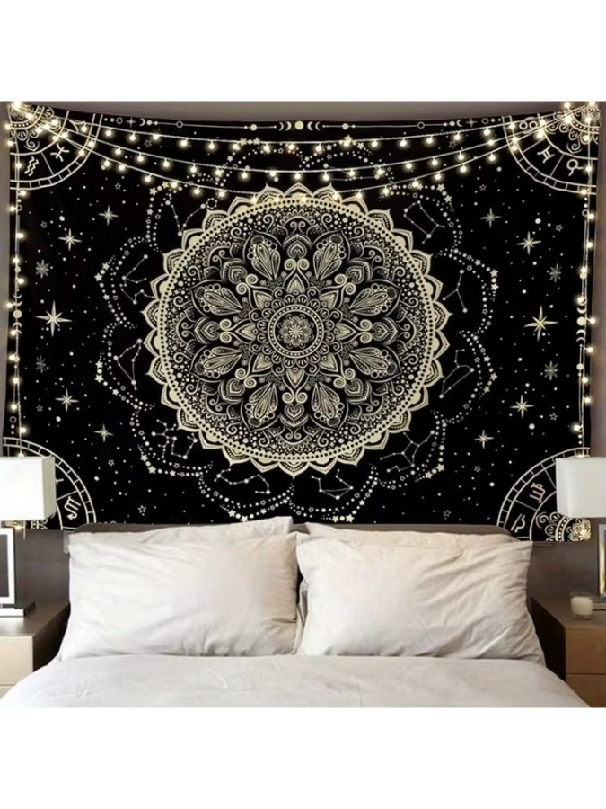 VIKAMA Wandteppich mit Mandala-Sternenkarte in Schwarz und Gold, dekorativer Boho-Wandteppich im astrologischen Stil - Bild 3