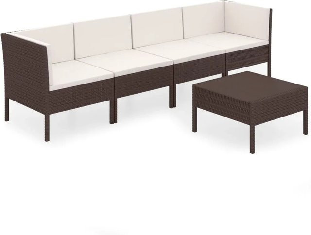 vidaXL 5-tlg Garten-Lounge-Set aus Poly Rattan in Braun mit beigen Auflagen und Ottoman, L-Form mit 3-Sitzer-Sofa, 2-Sitzer-Sofa, Eckelement und Couchtisch - Bild 1