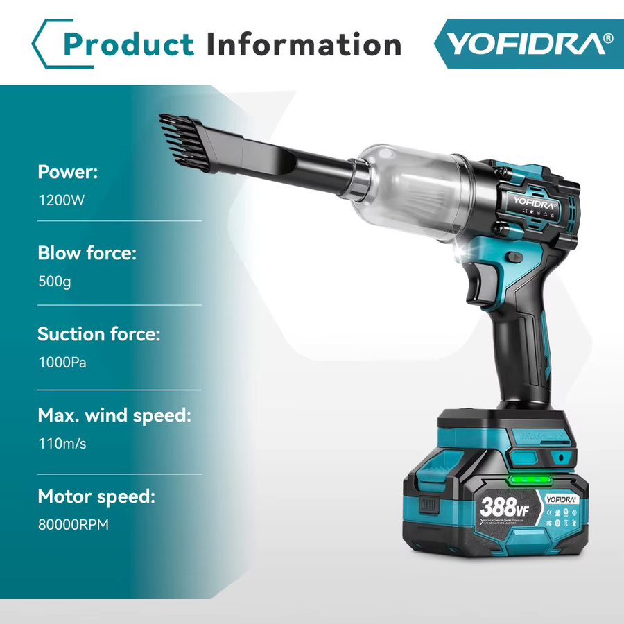YOFIDRA 2-in-1 Turbogebläse und Staubsauger mit bürstenlosem Motor, 1000Pa Laubblasgerät für Makita LXT 18V Akku - Bild 5