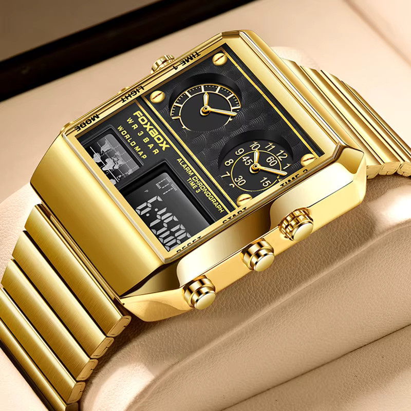 FOXBOX Chronograph Herrenuhr, Edelstahl, Gold, Quarz, Eckig - Bild 6