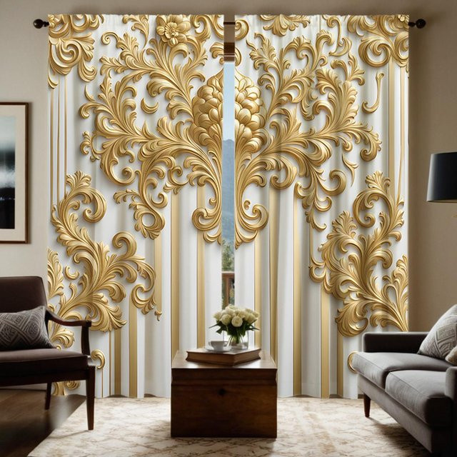 2-teiliges semi-transparentes Vorhangset von Household supplies MH in Gelbgold mit europäischem Blumenmuster, Breite: 132 cm, Höhe: 160 cm - Bild 1