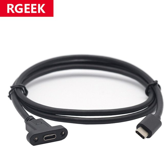 RGEEK USB-C Verlängerungskabel Panel Mount Typ-C Stecker auf Buchse mit Schraubenloch-Verriegelung, Schwarz, Länge: 1 m - Bild 1