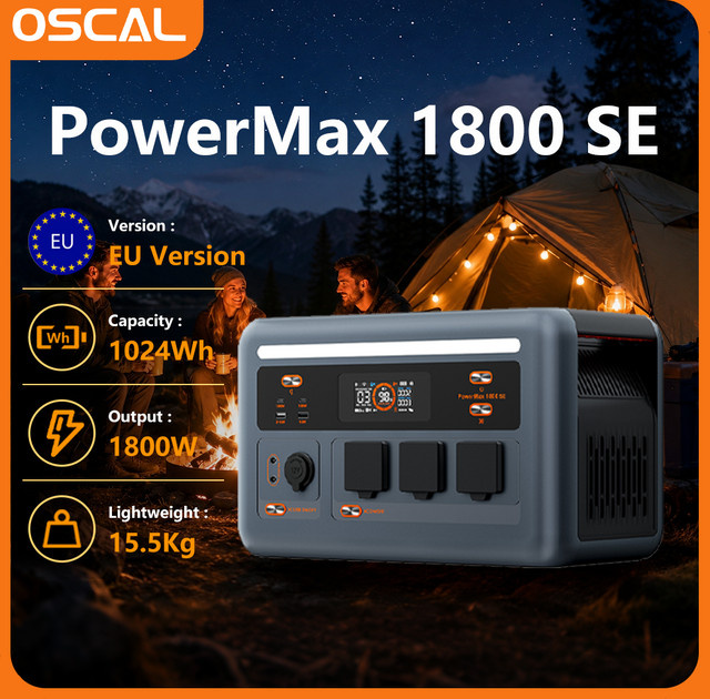 Oscal Powermax 1800 Se Tragbare Powerstation mit 1024Wh LiFePO4 Batterie, 1800W Solargenerator, 800W Schnellladung, 11 Ausgangsanschlüsse und IP54 Wasserdichtigkeit in Schwarz oder Grau - Bild 1