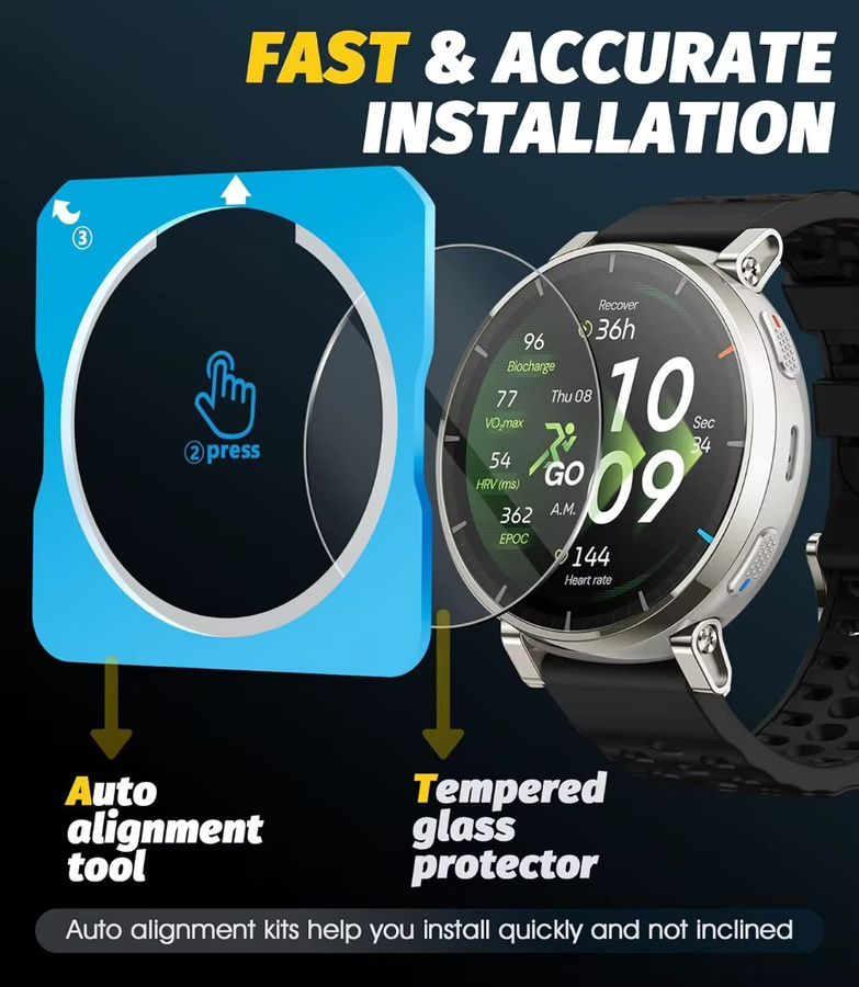 Amazfit Active 3 Premium Displayschutzfolie aus 9H gehärtetem Glas mit automatischem Ausrichtungs-Installationskit, transparent - Bild 2