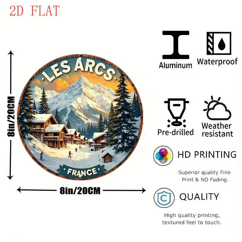 Potdemiel Metallwandkunst Les Arcs Ski Resort Frankreich Rundschild Winterszene mit Berghütten und Skiliften, Durchmesser: 20,32 cm, Mehrfarbig - Bild 2