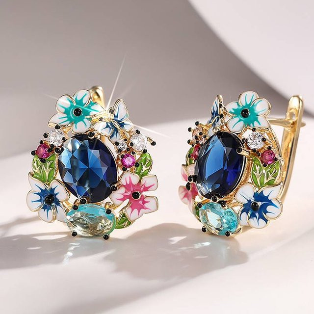 Huitan Creolen, Gold, Emaille-Blumendesign, Zirkonia, Damen - Bild 1