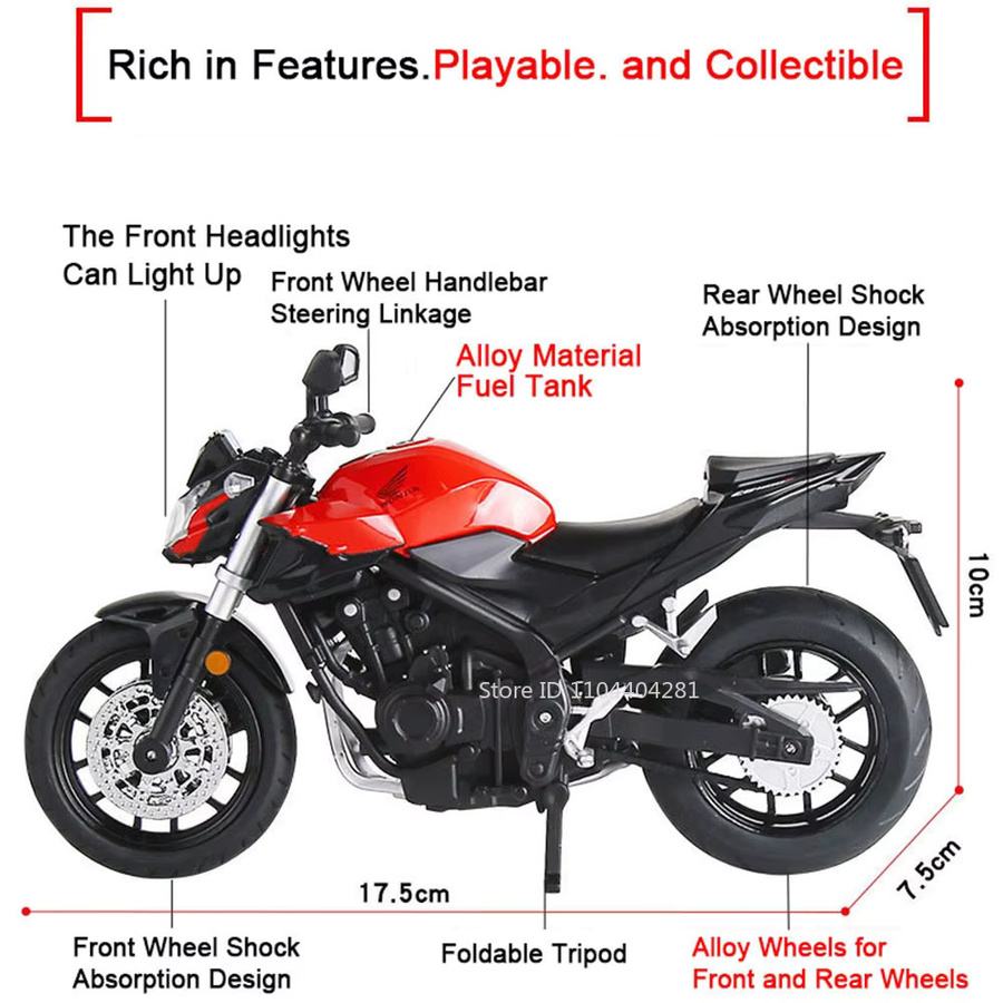 MAKEDA Honda CB400F CFMOTO 450SR Motorrad Modell, 1:12, Metall, mit Licht und Sound - Bild 1