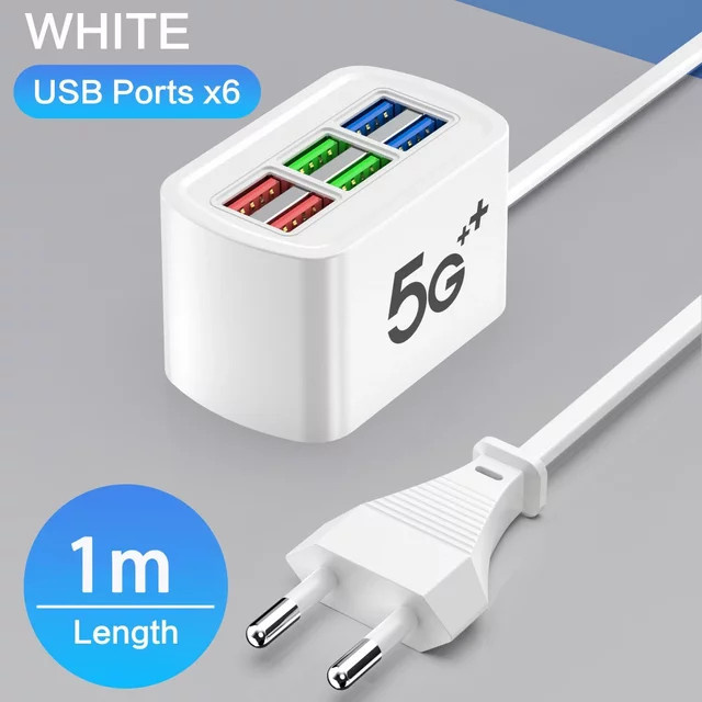 6-in-1 USB-Ladestation und Steckdosenleiste mit USB-A und USB-C Anschlüssen in Weiß mit 1 m Kabel - Bild 1