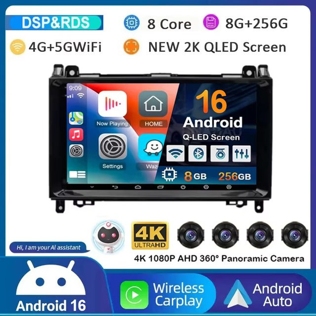 Android 16 Autoradio Multimedia System mit GPS für Mercedes Benz B200 Sprinter W906 W639 AB Klasse W169 W245 Viano Vito in Schwarz - Bild 1