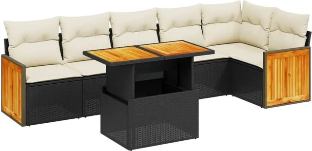 vidaXL 7-tlg. Garten-Sofagarnitur in L-Form aus schwarzem Poly-Rattan mit Kissen und Akazienholz - Bild 1