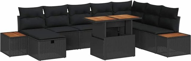 vidaXL Garten-Sofa-Set aus Polyrattan in Schwarz, 9-teiliges L-Shape Lounge-Set mit Kissen, Ottomane und Couchtisch für Garten, Balkon oder Terrasse - Bild 1
