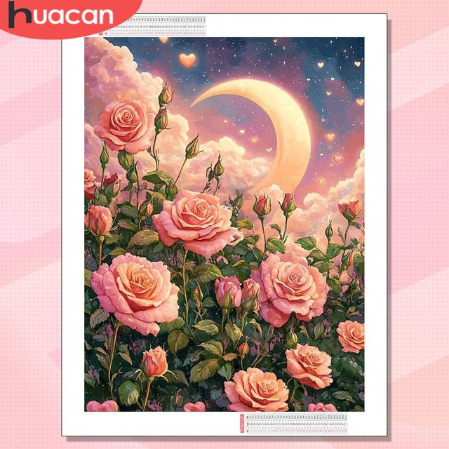 HUACAN Diamantmalerei Set Rosenblüte und Mondlandschaft als Kunst-Mosaik Wanddekoration, Mehrfarbig, B: 30,0 cm, H: 20,0 cm - Bild 1