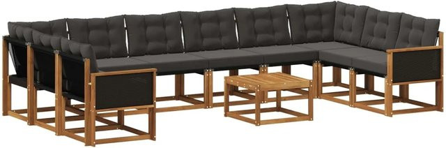 vidaXL Outdoor-Sofagarnitur aus Massivholz Akazie und Textilene mit 11 Kissen, Farbe Schwarz und Natur - Bild 1