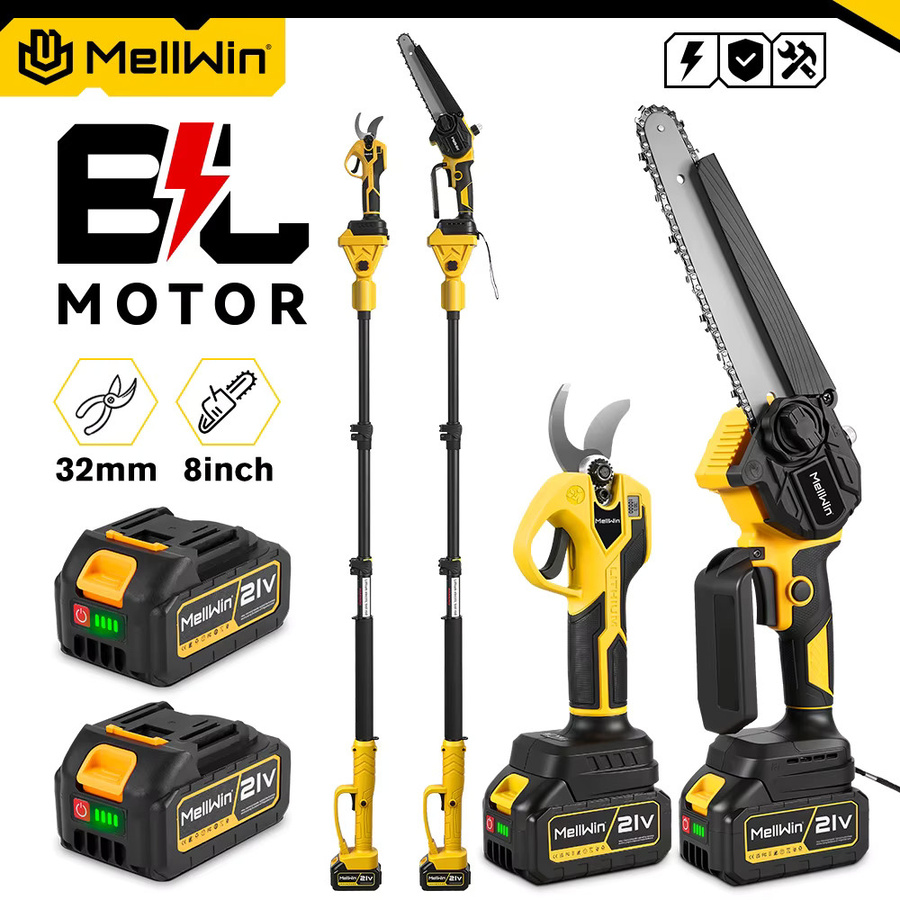 MELLWIN 4-in-1 Gartenpflegewerkzeug Set mit bürstenloser 8-Zoll-Kettensäge, 32-mm-Gartenschere und 185 cm Teleskopstange in Gelb für Makita 18V Akku - Bild 5