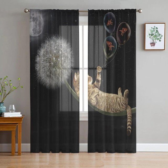 A Family Of Home Textiles Transparente Tüll-Vorhänge mit Katzen-Motiv für Wohnzimmer und Schlafzimmer, Breite: 135 cm, Höhe: 213 cm - Bild 1
