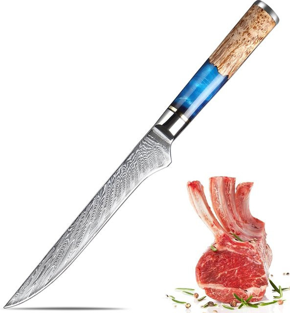 Xituo Damaskus Ausbeinmesser mit blauem Harzgriff, 15,24 cm Filetiermesser aus Damaststahl - Bild 1