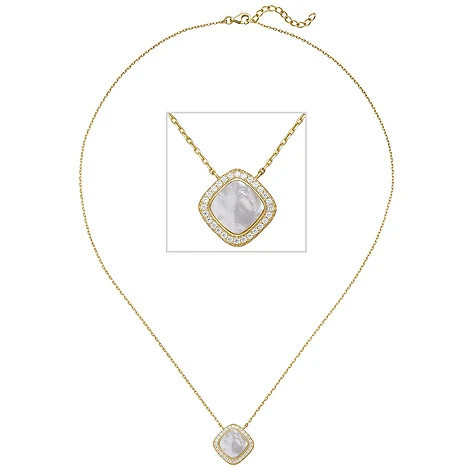Colfem Kette mit Anhänger, 925 Silber gold vergoldet, Perlmutt, 28 Zirkonia, 45 cm - Bild 1
