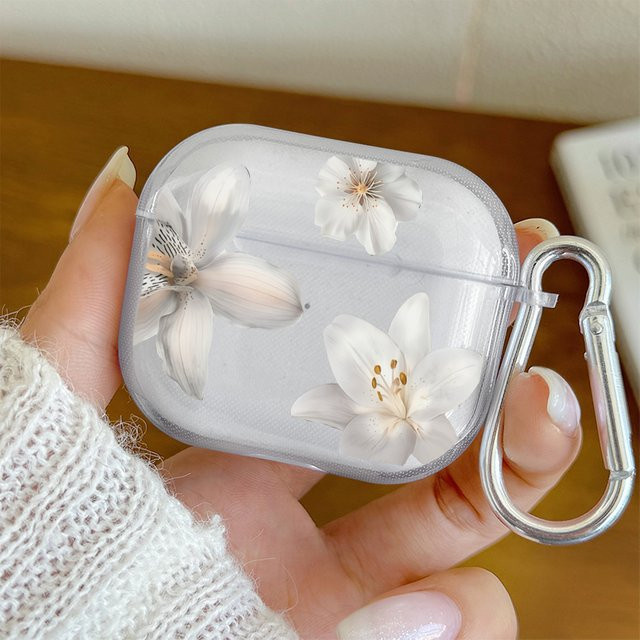 Stoßfeste Kopfhörerhülle mit weißem Lilien-Blumenmuster für Apple AirPods Pro 3/2/1 und AirPods 4/3/2/1 in Transparent/Weiß - Bild 1