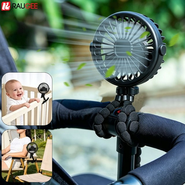 raugee Oktopus-Mini-Ventilator für Kinderwagen, faltbar und tragbar, USB wiederaufladbar, 3 Geschwindigkeiten, Farbe: Blau - Bild 1