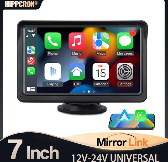 Hippcron 7-Zoll Tragbarer Auto-Monitor Multimedia-Player mit CarPlay und Android Auto, USB, Bluetooth, Schwarz - Bild 1