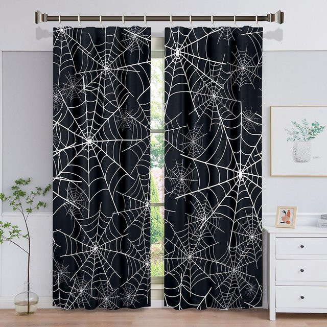 Gruselige Halloween-Fenstervorhänge mit Cartoon-Spinne und schwarzem Netz, 2er-Set inklusive Haken, Farbe: Schwarz, B: 50 cm, H: 130 cm - Bild 1