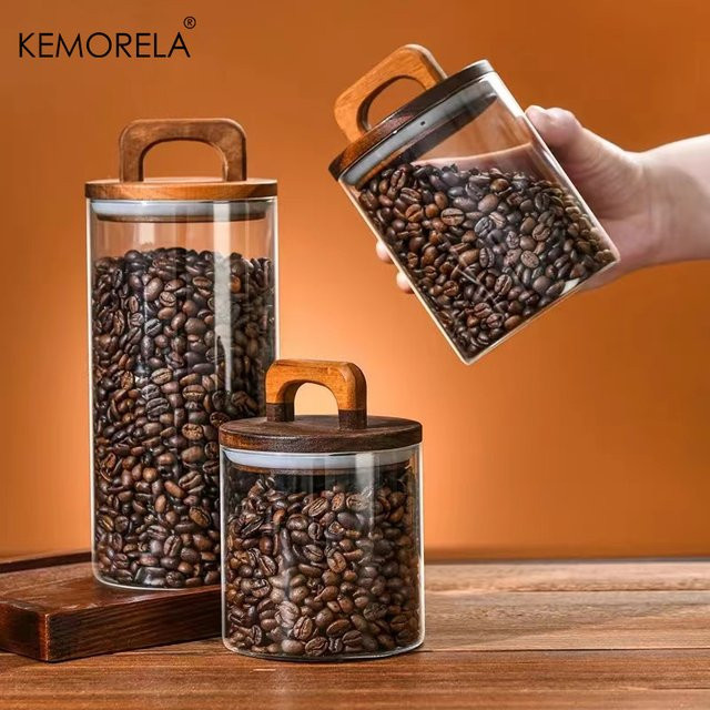 Luftdichter Vorratsbehälter aus Glas mit Holzdeckel von KEMORELA, transparenter Glasbehälter für Lebensmittel, Tee oder Kaffee, 0,7 l - Bild 1