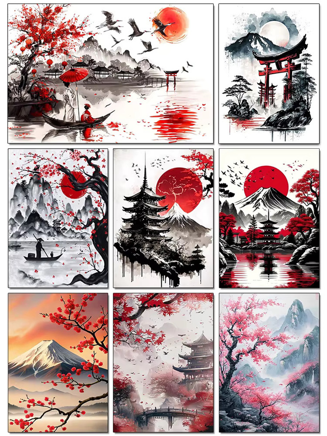 QIZITENG 5D Diamantmalerei Japanische Landschaft Tuschemalerei mit Sakura Motiv, Multicolour, B/H: 30 x 30 cm - Bild 2