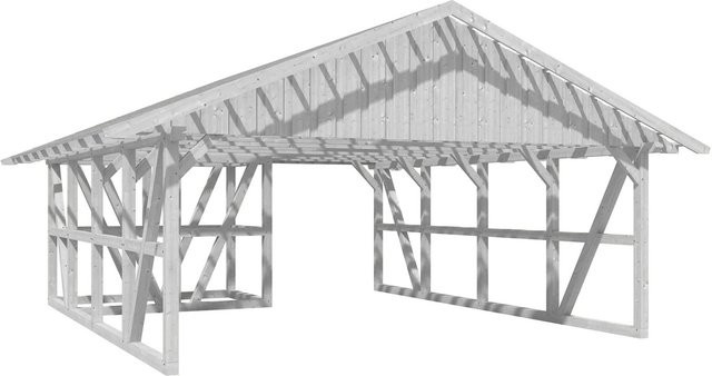 Skan Holz Carport Schwarzwald aus Fichtenholz mit Satteldach, Dachlattung und Abstellraum in Weiß, B: 684 cm, T: 772 cm - Bild 1